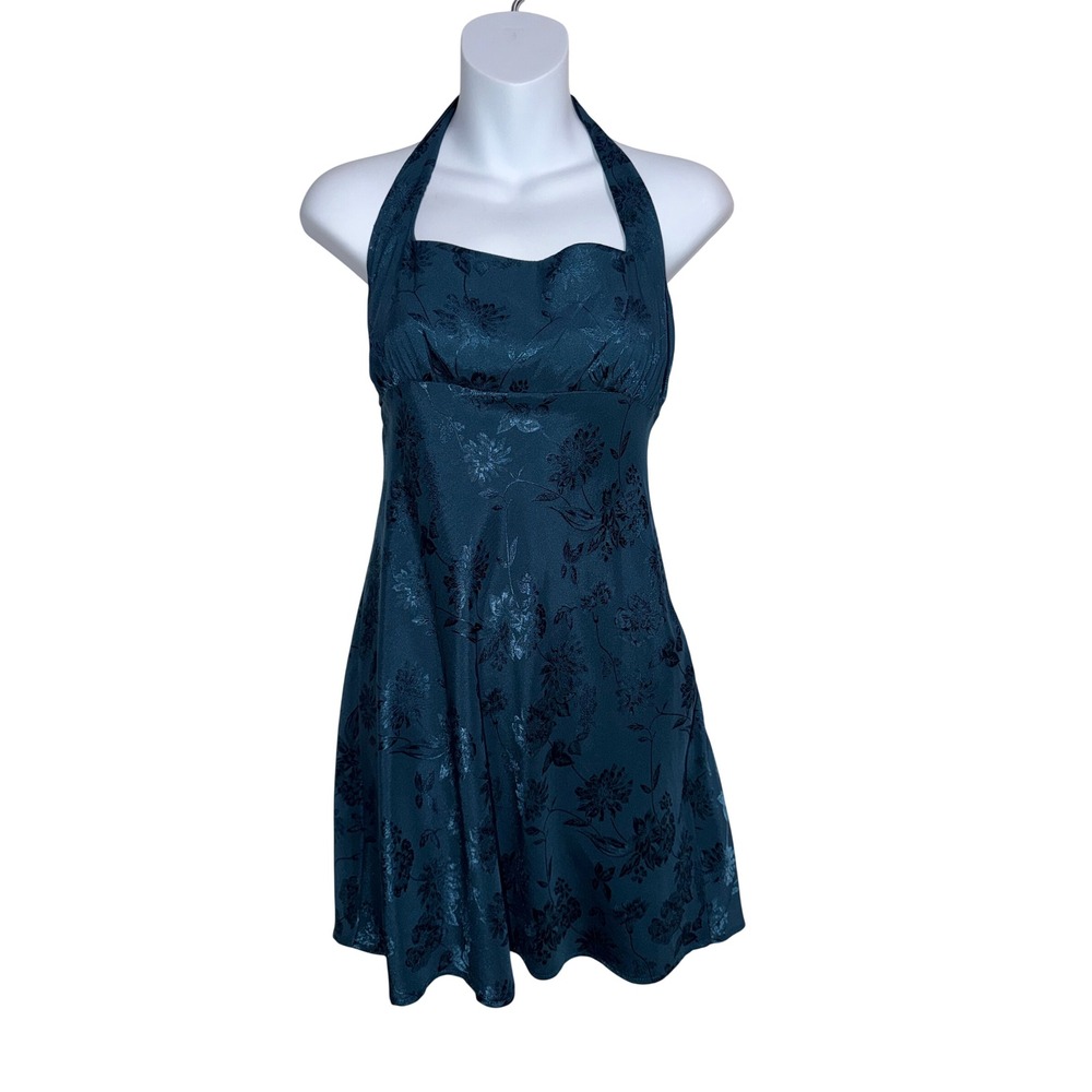 Wild Fable Teal Blue Floral Jacquard Halter Mini Dress Size S Sweetheart Neck